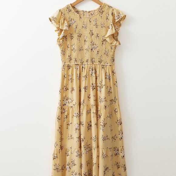 B265 Yellow Boho Floral Print Ruffle Smocked Flowy Summer Dress - Picture 6 of 12
